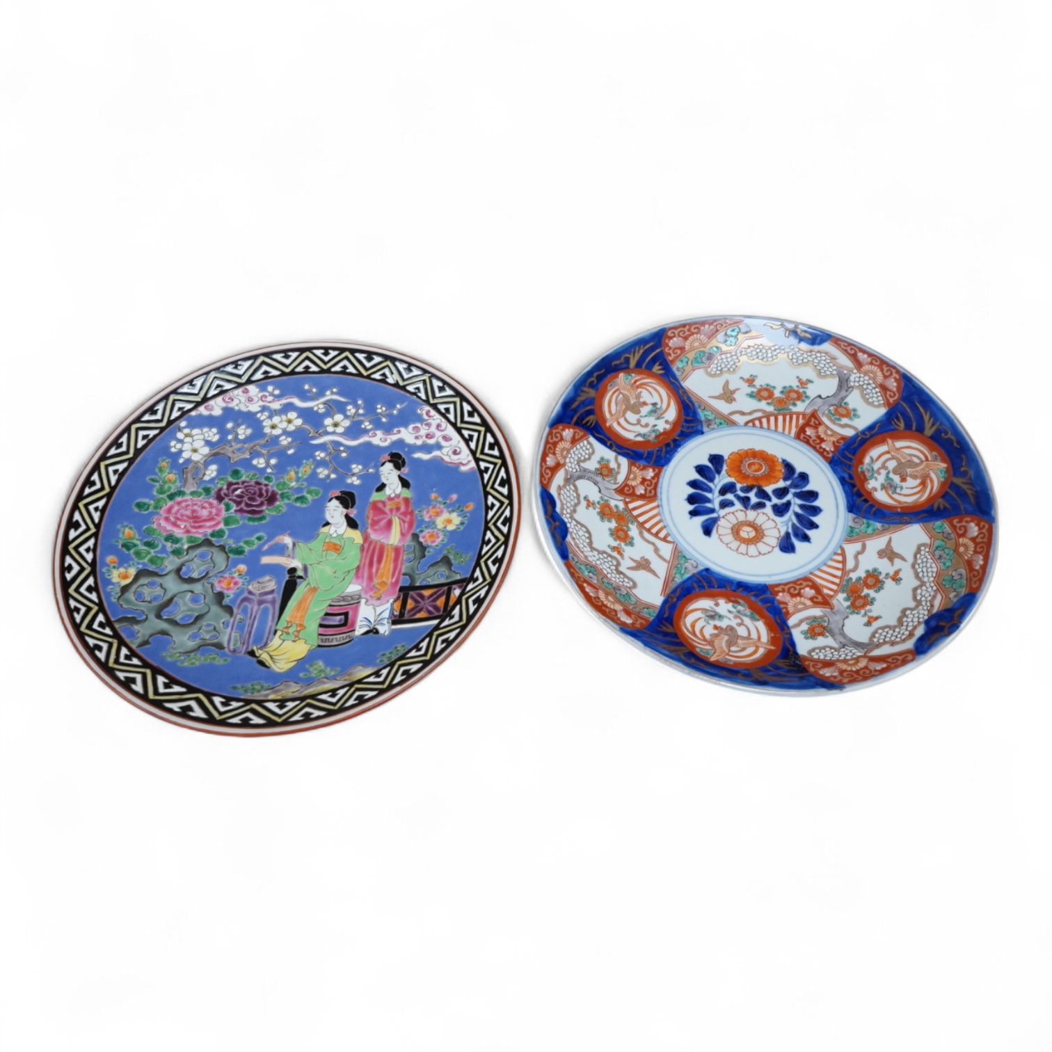 A Japanese Imari wall plate, and a figurative wall plate, Imari plate 31cm diameter. Condition - fair